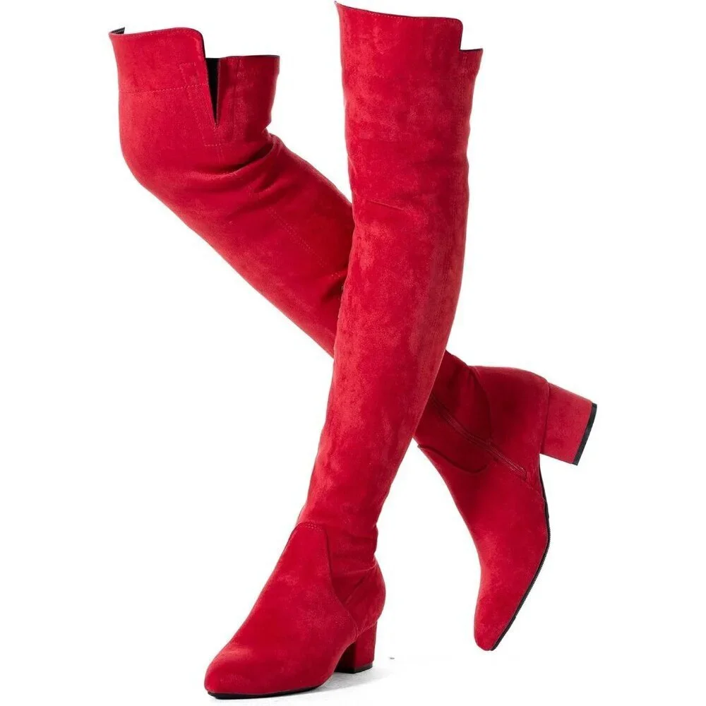 Women Red\2Inch Suede Over the Knee Thigh High Chunky Block Heel Winter Boots